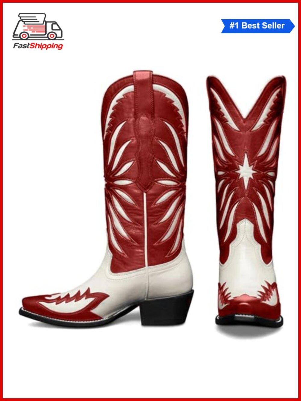 ✨ Mid Calf Western Cowboy Boots Faux Leather Pointed Toe Pull-On